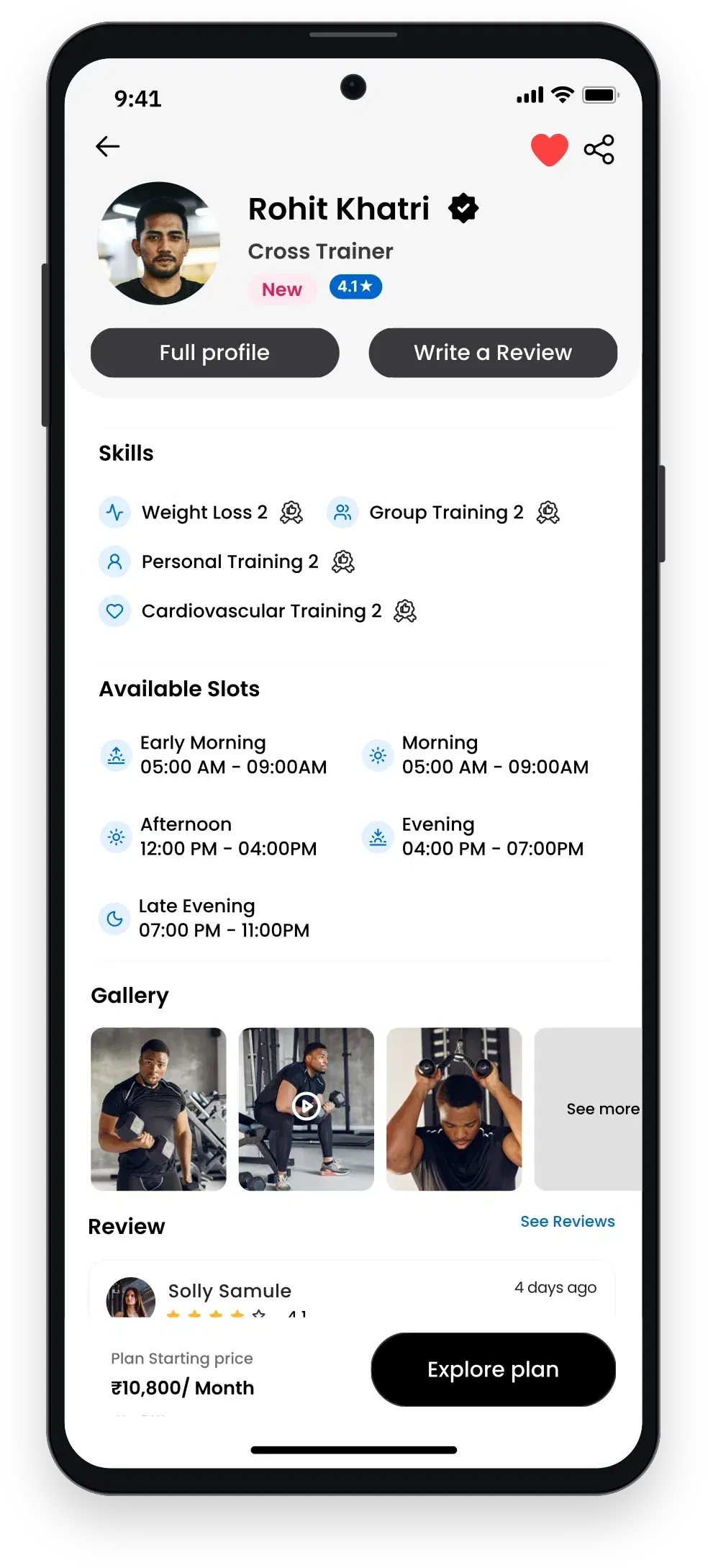 Tendon app screen showing a trainer profile and their plans